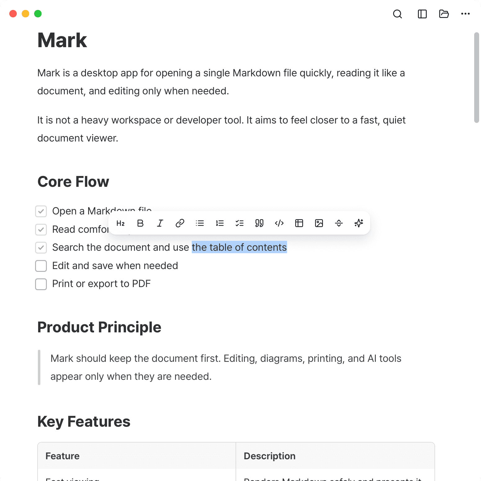 Mark document view with an inline editing toolbar